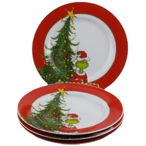 Dr Seuss Grinch Salad Plates Set of 4 Christmas Holiday Red Gold Rim